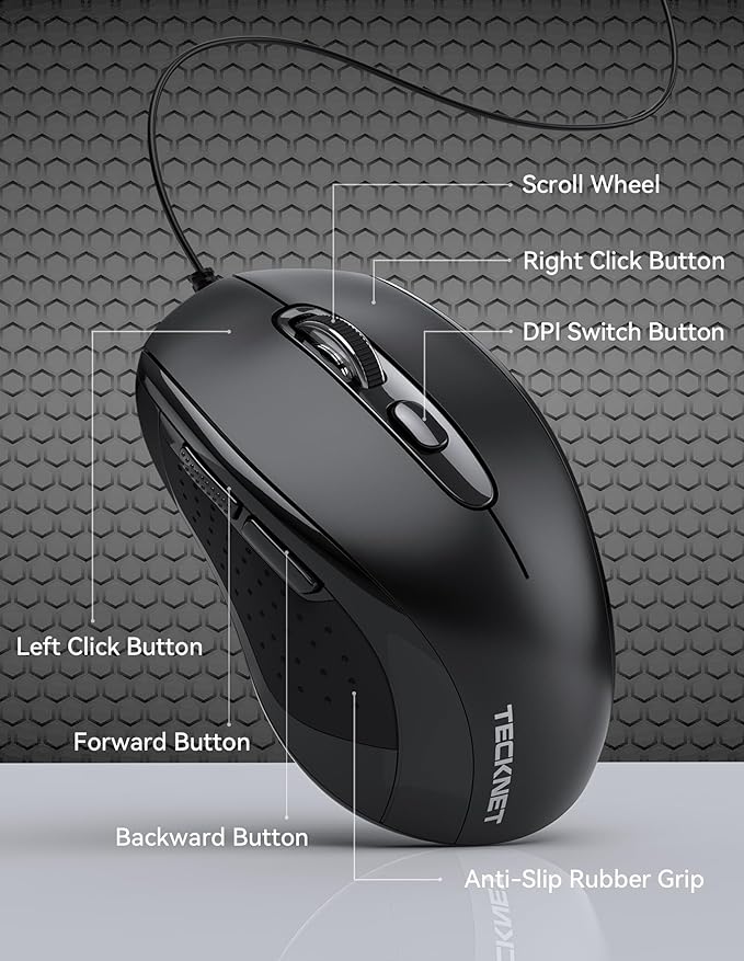 TECKNET Wired Mouse, USB Wired Computer Mice, 3600DPI 4 Adjustable Levels, 6-Button Ergonomic Mouse for Laptop PC Desktop Notebook - Black