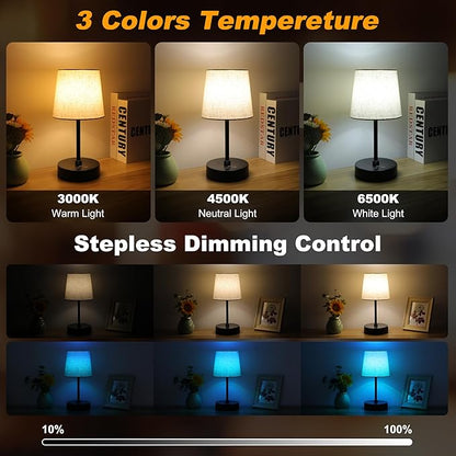 Ascher Small Bedside Table lamp Set of 2, RGB Color Changing Lamps, 3 Color Temperatures, Dimmable Nightstand Lamp with USB C+A Ports, Touch Desk Lamp for Bedroom Living Room, H11.4in(Flaxen Shade)