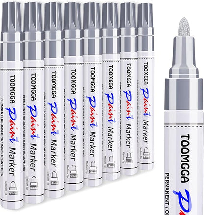 Silver Paint Pens Paint Markers - 8 Pack Permanent Markers Oil Based for Metal Wood, Pens for Metal, Car Tyre,Wood, Plastic, Rock Painting, Glass, Craft Supplies,Waterproof