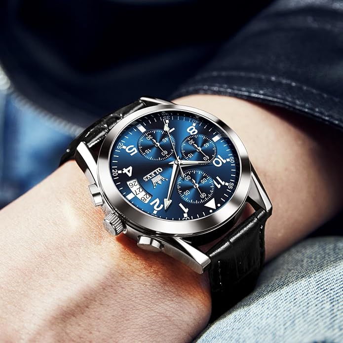 OLEVS Men's Chronograph Leather Watch, Big Face Easy to Read Analog Quartz Dress Watch, Casual Waterproof Luminous Hands Date Watches for Men, White/Blue/Black/Gold Dial