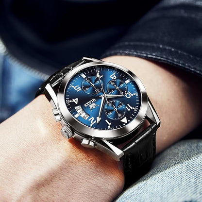 OLEVS Men's Chronograph Leather Watch, Big Face Easy to Read Analog Quartz Dress Watch, Casual Waterproof Luminous Hands Date Watches for Men, White/Blue/Black/Gold Dial