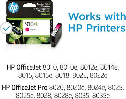 HP 910XL Magenta High-yield Ink Cartridge for HP Printers | Works with Printer Series: OfficeJet 8010, 8020, Pro 8020, 8030 | Eligible for Instant Ink | 3YL63AN