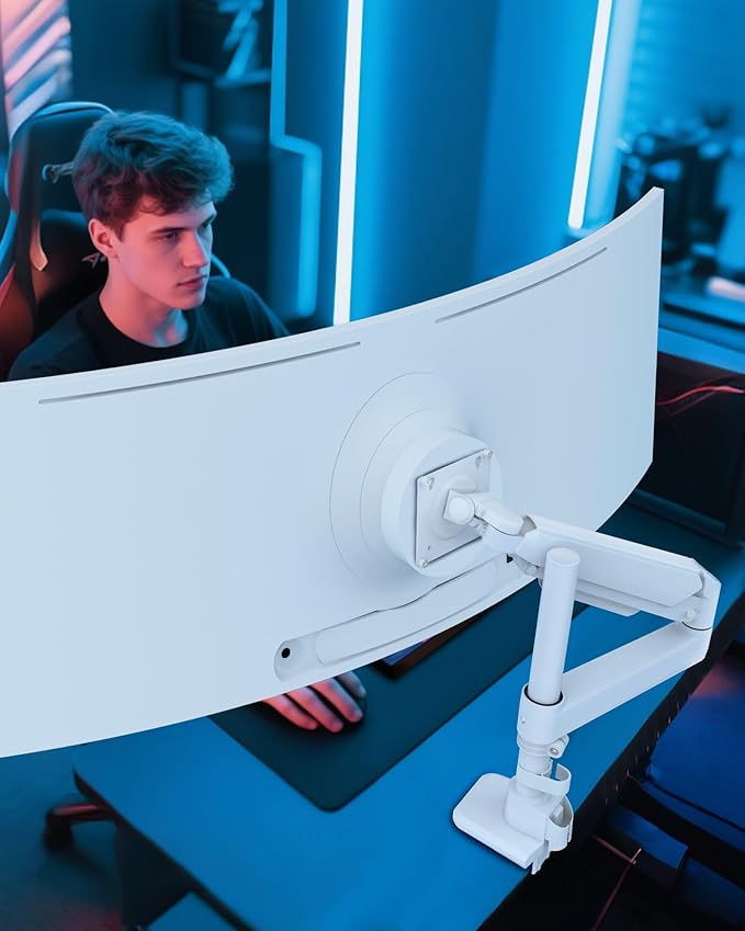 Heavy Duty Monitor Arm for 13-49 Inch Ultrawide Screens, Holds Up to 44lbs, Fully Adjustable Single Monitor Mount, with Clamp & Grommet Base, 75/100mm VESA Desk Mount, White