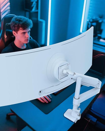 Heavy Duty Monitor Arm for 13-49 Inch Ultrawide Screens, Holds Up to 44lbs, Fully Adjustable Single Monitor Mount, with Clamp & Grommet Base, 75/100mm VESA Desk Mount, White