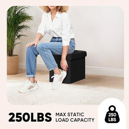 PINPLUS Storage Ottoman Cube Square Shaped Ottomans with Storage Foot Stool Footrest for Lving Room Boucle Ottoman Seat for Dorm Room,Faux Teddy Fur Black, 11.8"x11.8"x11.8"