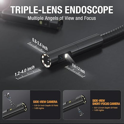 Triple Lens Borescope Inspection Camera, Teslong Professional Endoscope with Light, Digital Video Scope Camera, 5" IPS Screen, Waterproof Flexible Cable for Automotive/Home/Wall/Pipe/Car (5FT)