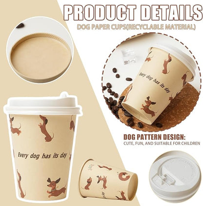 12 oz 25 Pack Disposable Paper Coffee Cups with Lids, Disposable Paper Cups for Cold/Hot Drinks, Leak-Proof To Go Drinking Cups for Office Party Home Picnic & Travel (Doggy Style)