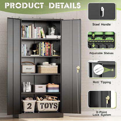 SUNCROWN 72" Metal Storage Cabinet - Heavy-Duty Metal Garage Cabinet with 4 Adjustable Shelves & 2 Doors for Tools, Office, Home, Workshop,Black