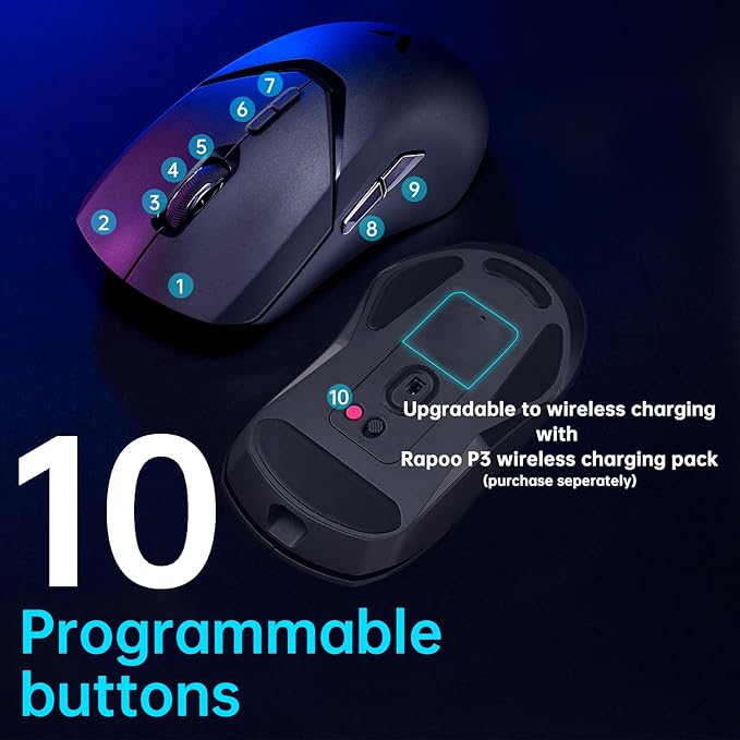 Rapoo VT9Pro Wireless Gaming Mouse - Esports Grade Performance Gaming Mice, PAW 3398 Sensor, 26000 DPI, 1ms Response Time, 68g Lightweight, 10 Programmable Buttons, Long Battery Life, Black