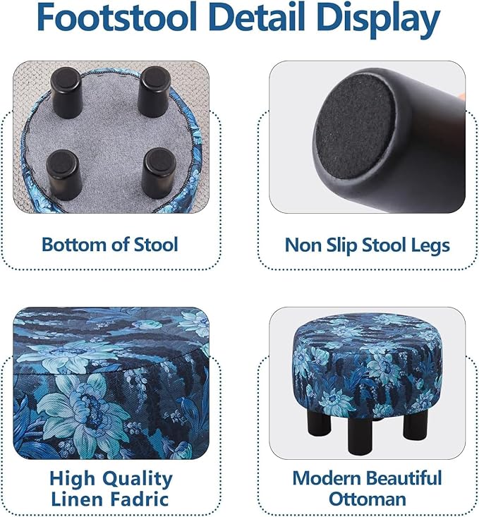 Cpintltr Foot Stool Linen Ottoman Round Footstool for Couch Desk Soft Step Stool Padded Foot Rest with Non-Skid Pine Legs Multiple Colors Furniture for Hallway Office Lounge Dorm Room Flower Blue