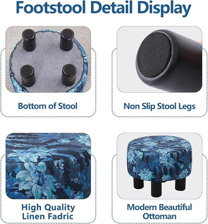 Cpintltr Foot Stool Linen Ottoman Round Footstool for Couch Desk Soft Step Stool Padded Foot Rest with Non-Skid Pine Legs Multiple Colors Furniture for Hallway Office Lounge Dorm Room Flower Blue