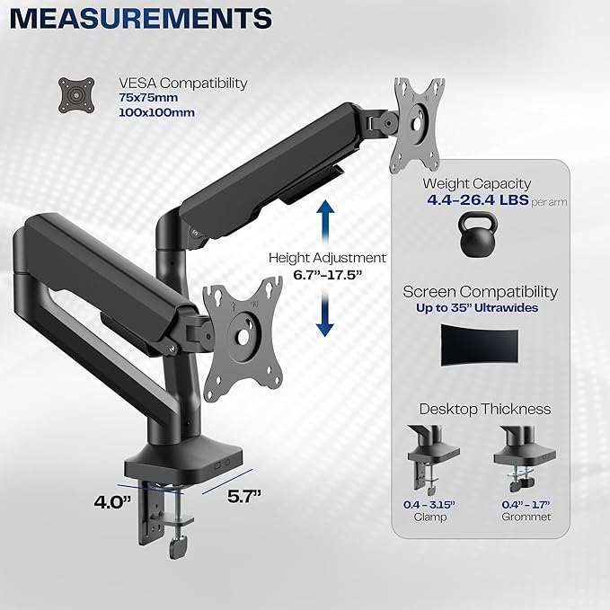 VIVO Dual Pneumatic Arm Ultra-Wide Monitor Mount for up to 35 inch Screens, Holds 26.4 lbs per Arm, Desk Mount Monitor Stand for 2 Ultrawides, Black, STAND-V200O