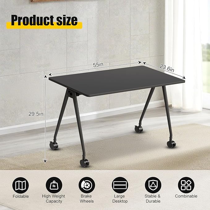 Folding Conference Table, Rectangular Conference Room Tables, Mobile Modular Training Table, Solid Steel Frame,Thickened Panel,for Offices,Meeting Room,Offices andSchools (4, A-Black, 55in)