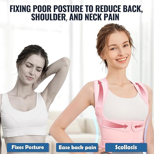 Back Brace Posture Corrector for Women,Adjustable Full Back Support and Shoulder Straightener,for Back Pain Relief,Hunchback Correction,Scoliosis,Thoracic Spine,Posture Trainer（Pink/Medium)
