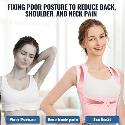 Back Brace Posture Corrector for Women,Adjustable Full Back Support and Shoulder Straightener,for Back Pain Relief,Hunchback Correction,Scoliosis,Thoracic Spine,Posture Trainer（Pink/Medium)