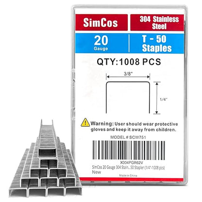 20 Gauge 304 Stainless Steel T/50 Staples - 3/8" Crown Upholstery Staples, 1/4"~9/16" Leg Length, 1008 Counts, Compatible with Staple Gun & T-50 Stapler (1/4"-1008 pcs)