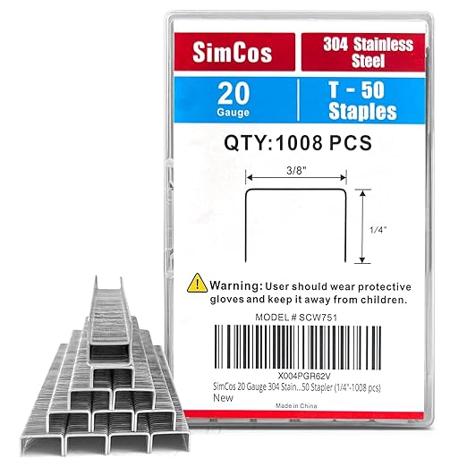 20 Gauge 304 Stainless Steel T/50 Staples - 3/8" Crown Upholstery Staples, 1/4"~9/16" Leg Length, 1008 Counts, Compatible with Staple Gun & T-50 Stapler (1/4"-1008 pcs)