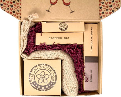 Wine Gift Basket - This Wine Gift Box Contains 13 Wine Gifts For Women - A Wine Basket with Funny Socks, Wine Stoppers, Wine Tote, Coasters and a Funny Wine Glass.