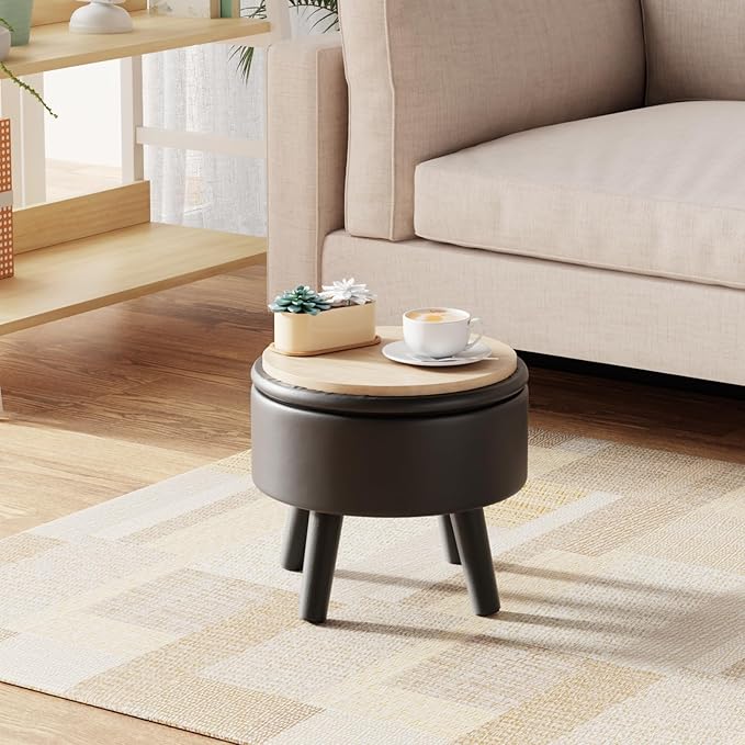 Small Foot Stool Ottoman with Storage, Faux Leather Ottoman Foot Rest for Couch, Round Footstool Ottomans for Living Room (Black)