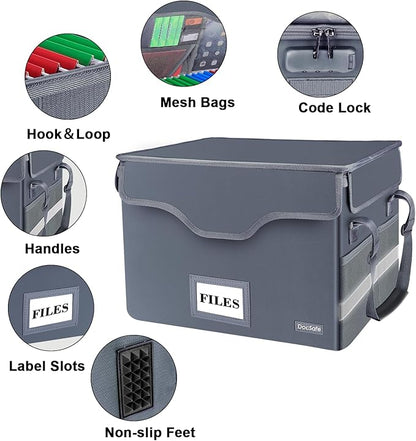 DocSafe Fireproof Document Box with Lock,File Storage Organizer with Zipper Pockets,Collapsible Portable File Box Home Office Safe Filing Cabinet with Handle for Hanging Letter/Legal Folders,Gray