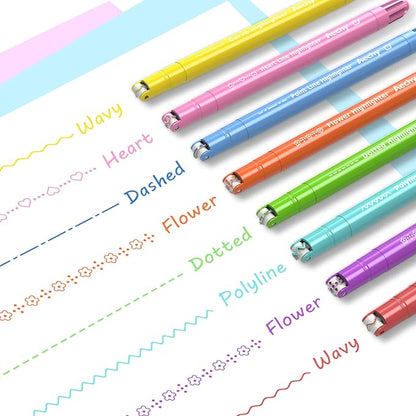 AECHY 8PCS Curve Highlighter Pen Set, Dual Tip Marker Pens with 6 Different Curve Shapes & 8 Colors Mark Lines, Aesthetic Curve Marker Highlighter for Journal Planner School Supplies