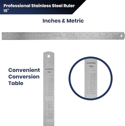 2 Pack - Pacific Arc 18 Inch Stainless Steel Ruler with Inch/Metric Conversion Table