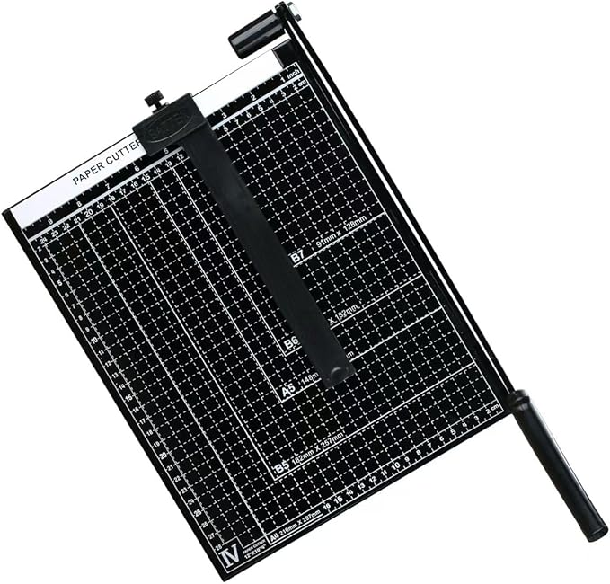 12-Inch Heavy Duty Guillotine Paper Cutter - 12 Sheet Capacity, Self-Sharpening Blade & Safety Lock, Paper Trimmer for Cardstock, Photos, Craft Paper for Office, School, Home Use (Black)