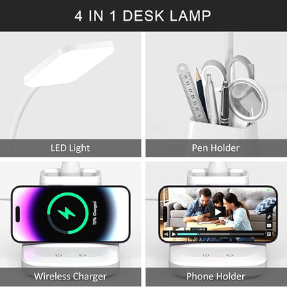 Desk Lamp with Wireless Charger - LED Desk Lamps for Home Office with Pen Holder, 800LM, 3 Color Modes, Flexible Arm, Eye-Caring White Table Lamps for Home College Dorm Room Christmas Gifts