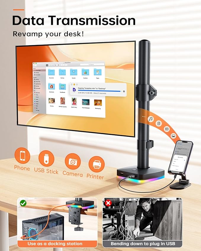 RGB Single Monitor Desk Mount, Monitor Arm with 3 USB Ports, Charging and USB Data Transfer Function, Desk Mount for 13"-27" Monitors up to 17.6lbs, Adjustable Height, Tilt, Swivel, Rotate
