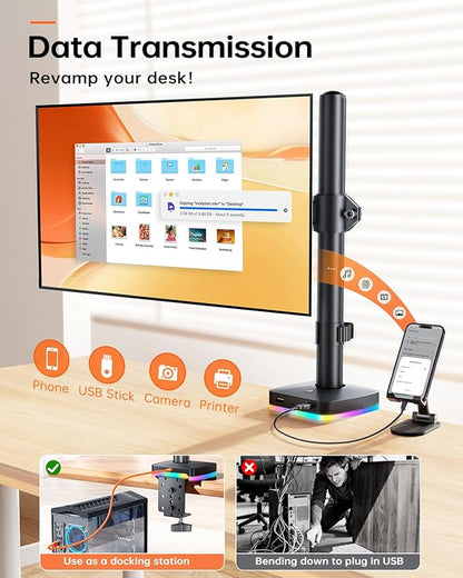 RGB Single Monitor Desk Mount, Monitor Arm with 3 USB Ports, Charging and USB Data Transfer Function, Desk Mount for 13"-27" Monitors up to 17.6lbs, Adjustable Height, Tilt, Swivel, Rotate