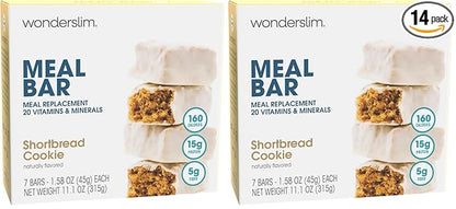 WonderSlim Meal Replacement Protein Bar, Shortbread Cookie, 15g Protein, 20 Vitamins & Minerals, Gluten Free (7ct) (Pack of 2)