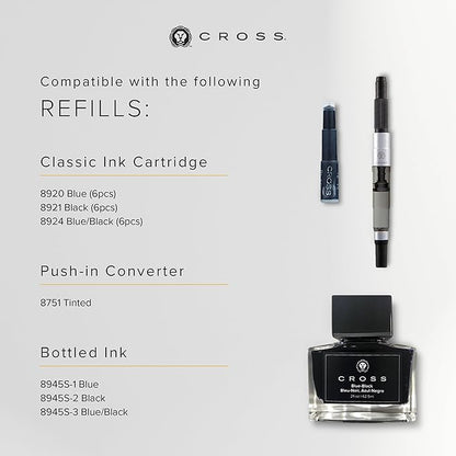Cross Bailey Light Refillable Fountain Presented in a Everyday Gift Box - Medium Point, Black Ink, Polished Black