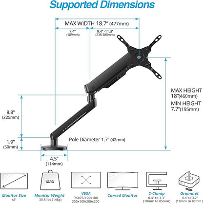 AVLT Single 27”-45” RGB Gaming Monitor Arm Desk Mount Built-in 20 Lighting Modes Touch Button Control Fits Flat/Curved/Ultrawide Screen Height Swivel Tilt Rotation Adjustable Stand -Black