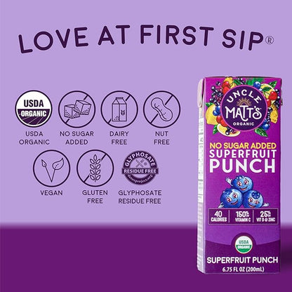 Uncle Matt’s Organic No Sugar Added Superfruit Punch Juice Boxes for Kids with Vitamin C, D, Zinc, Only 40 calories, 32 pack of 6.75 oz Boxes