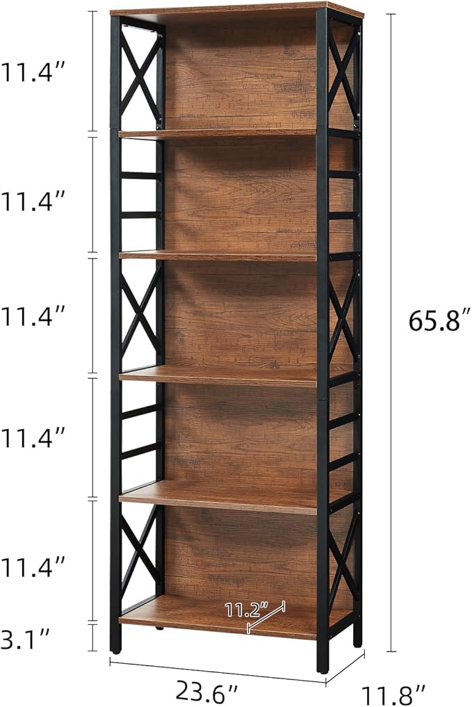 HOMBAZAAR 6 Tier Bookshelf, 65.8 Inch Tall Rustic Bookshelf with Metal Frame, Industrial Heavy Duty Bookshelves and Bookcases, Open Book Shelf for Office, Living Room and Library, Brown
