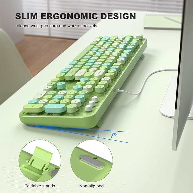 Colorful Computer Keyboards Wired, USB Plug and Play Full Size Typewriter Keyboard, Cute Aesthetic Keyboard with Foldable Stands for Windows PC Laptop (Green)