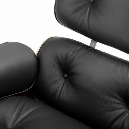 Top Black Grain Leather, Mid Century Chaise Lounge Chair and Ottoman, Modern Chair Classic Design, Palisander Wood, Heavy Duty Base Support for Living Room Office Study
