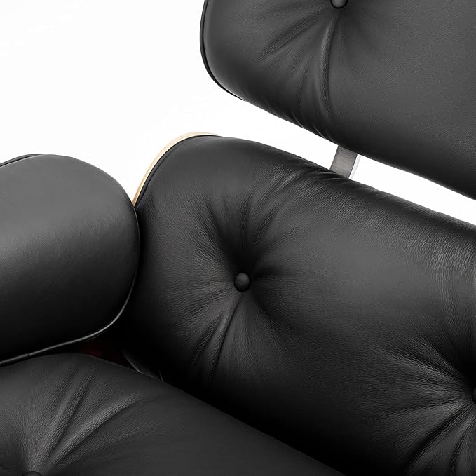 Top Black Grain Leather, Mid Century Chaise Lounge Chair and Ottoman, Modern Chair Classic Design, Palisander Wood, Heavy Duty Base Support for Living Room Office