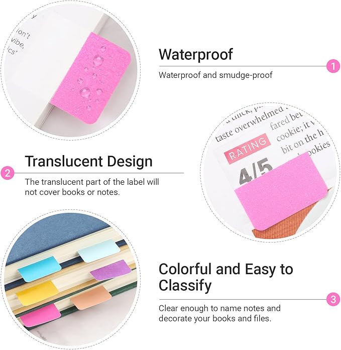 EUSOAR Book Tabs, 480 Pcs 1x1.1 Inch Assorted Pastel Colors Sticky Tabs for Notebooks Repositionable Page Markers, Self Adhesive Annotation Stickers Clear Sticky Notes Tab for School Office