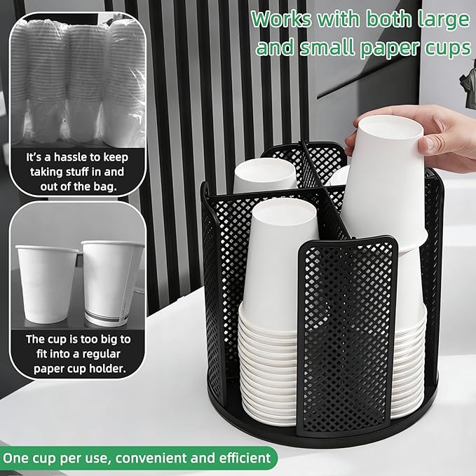 360° Rotating Coffee Cup Dispenser and Lid Holder with 4 Compartments, Organizes 3-16oz Paper Cups - For Coffee Shops, Home Countertops, Office, Restaurant & Kitchen Use