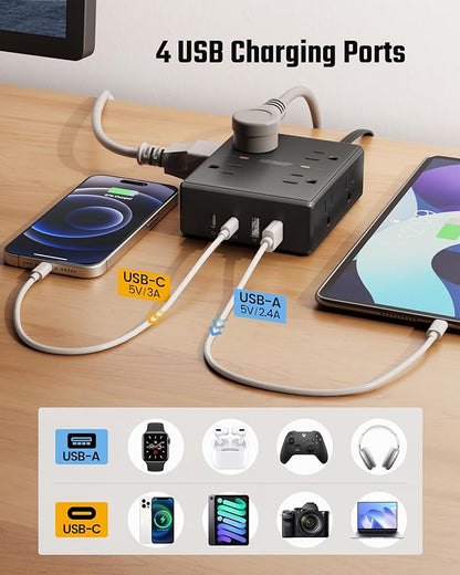 25Ft Long Extension Cord, Flat Plug Power Strip Surge Protector, 8 Outlet 4 USB Ports (2 USB C), Wall Mountable, Desk Charging Station for Home Office, College Dorm Room Essentials (Black)