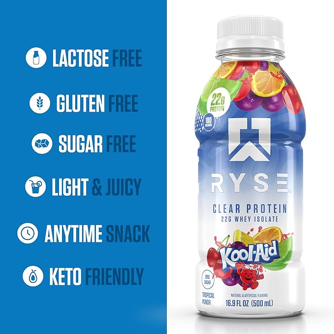 RYSE Clear Protein Drink - Kool-Aid Tropical Punch - 100 Calories, 22g Whey Isolate Protein Shake, Sugar-Free, 0g Fat & Lactose-Free - Refreshing Ready-to-Drink Beverage - 16.9 fl oz Bottles (12-Pack)