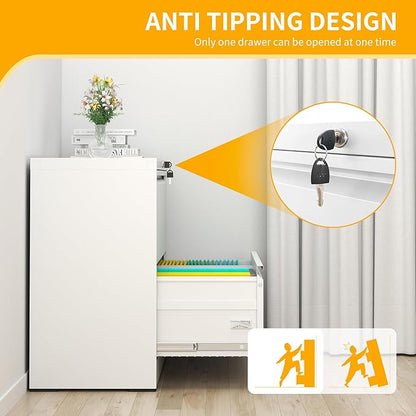 File Cabinet with Lock, 2 Drawer Lateral Filing Cabinet for Home Office, White Metal Heavy Duty File Cabinets for Hanging Letter/Legal/F4/A4 Size Files, Assembly Required