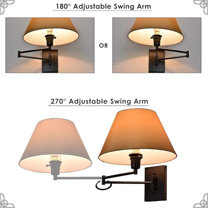 Kira Home Cambridge 15" Swing Arm Wall Lamp - Plug in/Wall Mount + Golden Bronze Fabric Shade, 150W 3-Way, Black Finish, 2-Pack