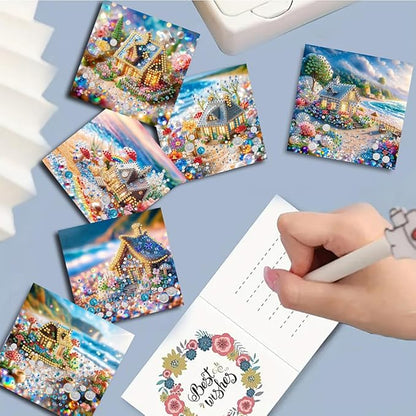 6pcs DIY Small House Diamond Art Painting Greeting Cards Kit, Rhinestone Art Holiday Birthday Card Set with Envelopes, DIY Festival Craft for Girlfriend, Christmas Valentine Gift Making Supplies