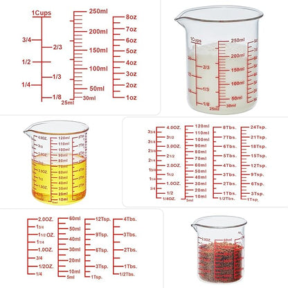 Ackers High Borosilicate Glass Measuring Cup Set with Pour Spout,60ml(2OZ),120ml(4OZ), 250ml(8OZ) Glass Measuring Beaker for Kitchen or Restaurant, Easy to Read
