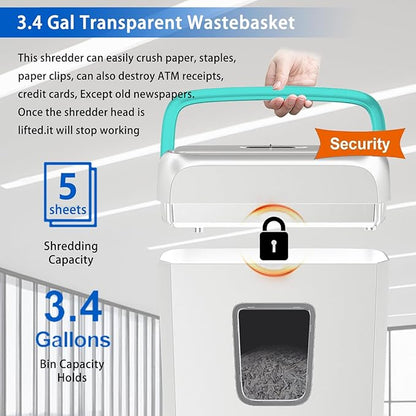 Bonsaii 5-Sheet Crosscut Shredder, Perfect for Home or Office Use, Shreds Paper, Credit Cards, Staples & Clips, 3.4-Gallon Bin, White/Blue