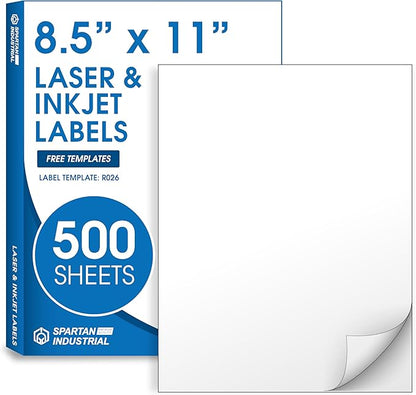 8.5" X 11" Full-Sheet Printable Labels Compatible With Inkjet and Laser Printers - 500 Sheets, 500 Matte White Paper Stickers for Shipping, Mailing, and DIY Projects - Spartan Industrial Template R026