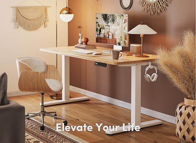 FEZIBO 55 x 24 Inchs Electric Standing Desk, Height Adjustable, Sit Stand Up, Computer Office Desk with Splice Board, White Frame/Maple Top