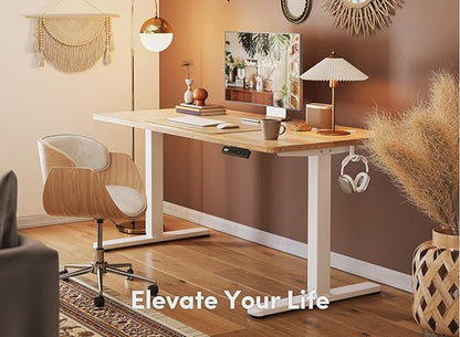 FEZIBO 55 x 24 Inchs Electric Standing Desk, Height Adjustable, Sit Stand Up, Computer Office Desk with Splice Board, White Frame/Maple Top